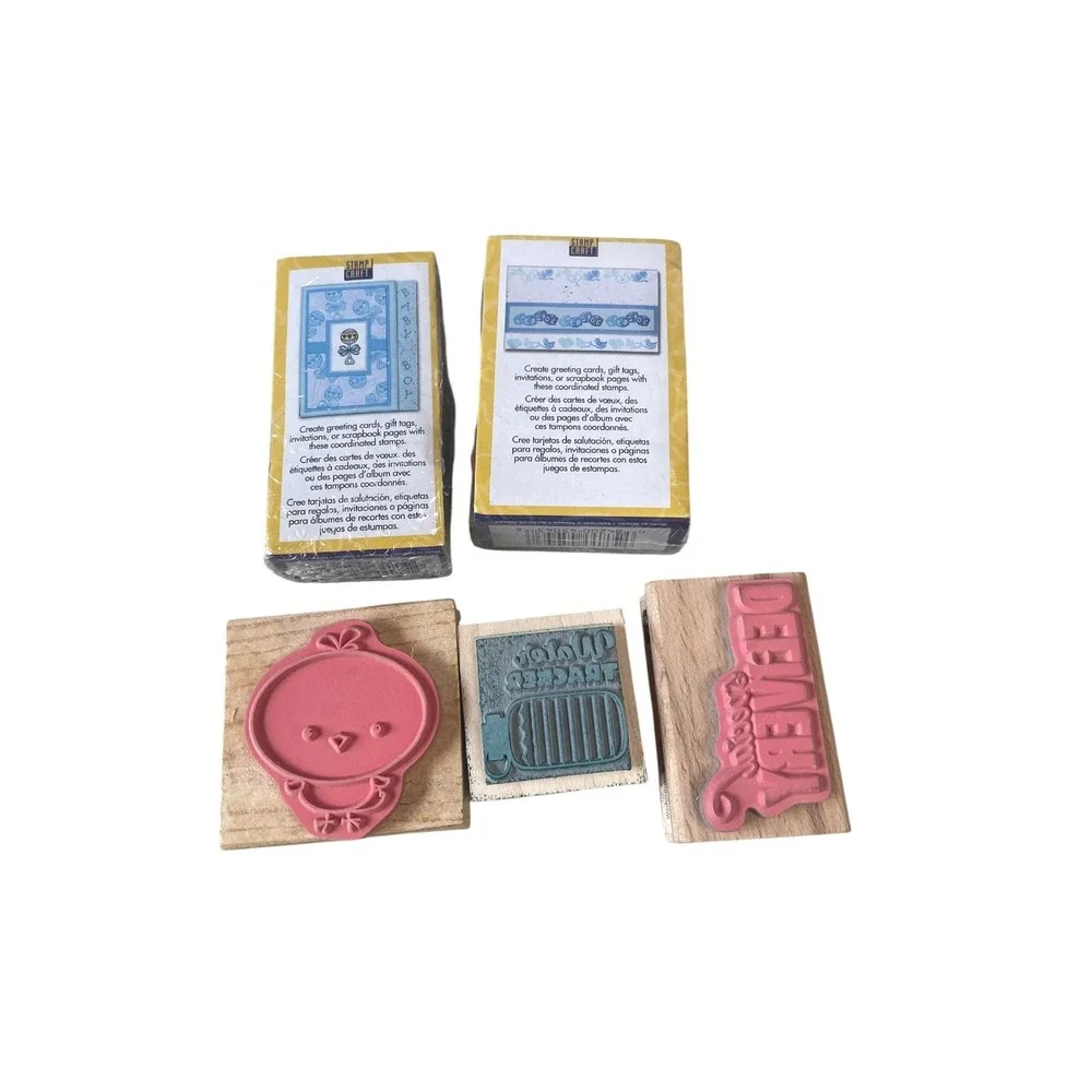 Stamp Craft Wood Mounted Rubber Stamp Lot Baby OS Tan Blue Baby Shower Animals